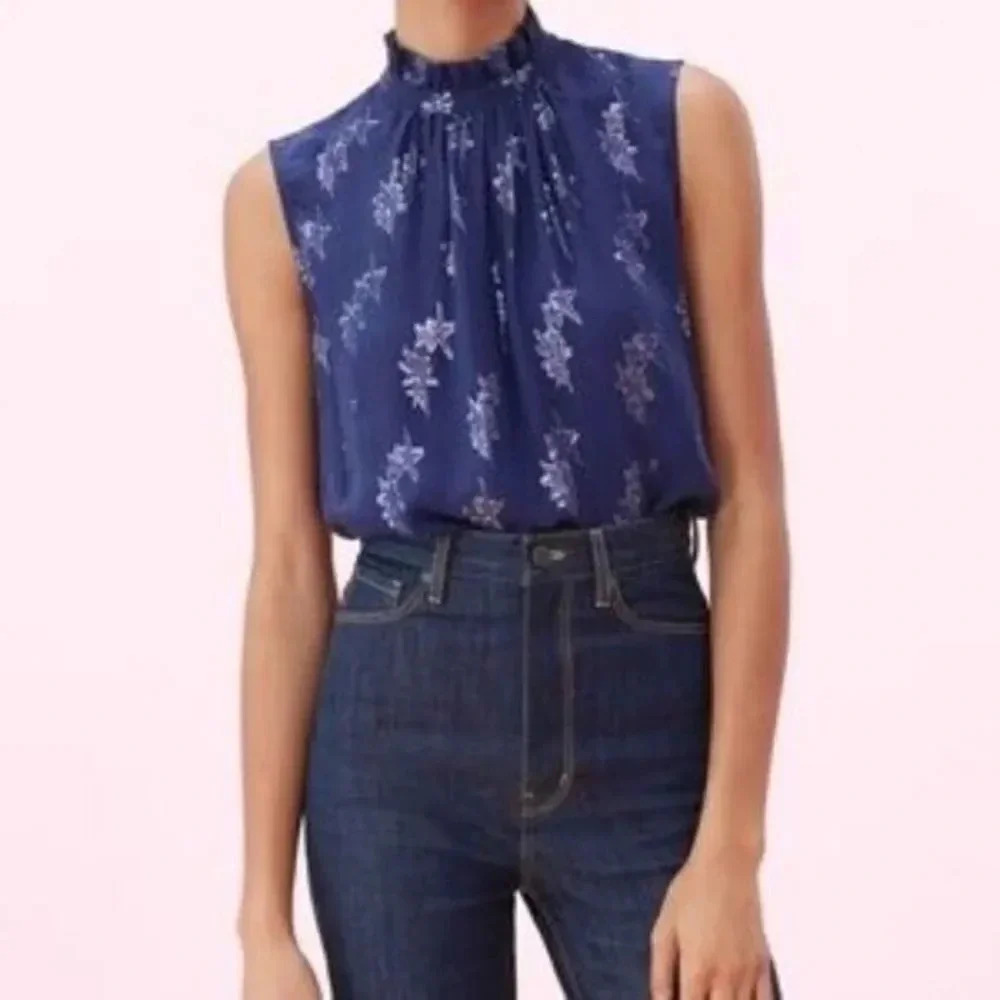 Rebecca Taylor Navy Blue Metallic Star High Neck Silk Sleeveless Blouse 4